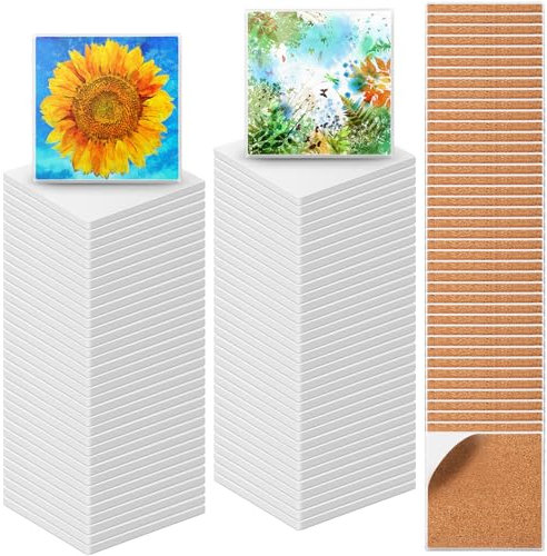 Zopeal 96 Pcs Ceramic Tiles for Crafts Coasters Include Unglazed White Ceramic Tiles with Cork Backing Pads Use with Alcohol Ink Acrylic Pouring for DIY Project Gift (Square)