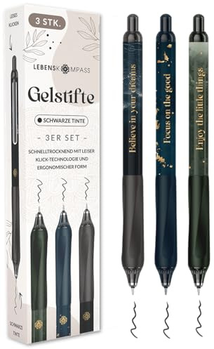 LEBENSKOMPASS® Gelstifte 3er Set Schwarz mit Silent-Click-Technologie - Hochpigmentierte, Schnelltrocknende Gel Kugelschreiber - Dünne 0,5mm Strichstärke Gelschreiber - 3 Stück