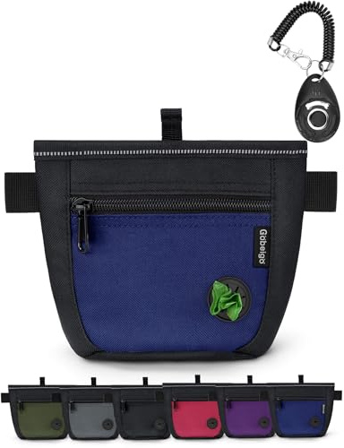 Gobeigo Pochette à friandises pour chien et clicker de dressage, deux fermetures magnétiques pour éviter les déversements, sac à friandises pour 2 tasses avec distributeur de sacs à déjections, clip