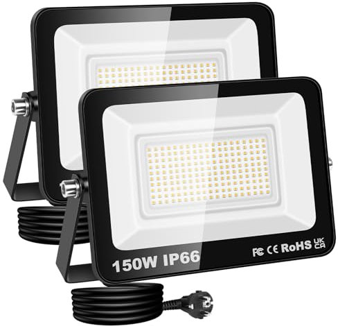 RIGIDON LED Strahler Außen & Innen mit Stecker, 2x 150W 15000LM 230V Spotlight, Fluter Scheinwerfer Flutlicht für Garten Garage Terrassen Hof, Baustellen Arbeitsstrahler, 3000K Warmweiß Wasserdicht