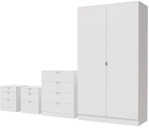 Nera 4 Piece Bedroom Furniture Set Wardrobe Chest of Drawers Bedside Table Set Bedroom Furniture Sets for Storage (White)