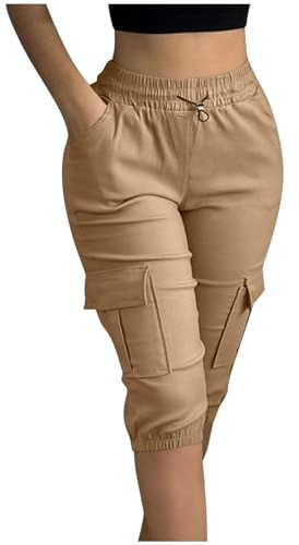 Cargo Shorts Women Knee Length Pants Outdoor Climbing Hiking Shorts Elastic High Waist Bermuda Swatpants with Pockets Summer Casual Loose Overalls Straight Leg Half Pants UK Sale Clearance Khaki