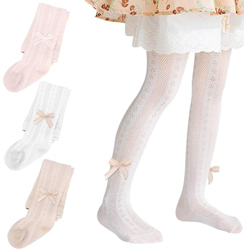 MFDYMYGS Confezione da 3 collant per neonati, collant con fiocco a nastro per ragazze in cotone traspirante a rete, calze per bambini da 0 a 12 anni, 2-4 Years