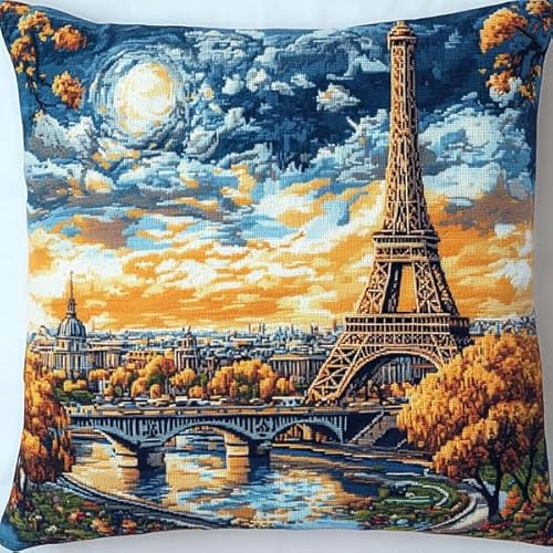 ANSIWEIGO Juego de cojines de nudos para anudar uno mismo, 43 x 43 cm, juego de anudados para niños y adultos, lienzo impreso, gancho de nudos, cojín de sofá 3D, decoración del hogar, Torre Eiffel