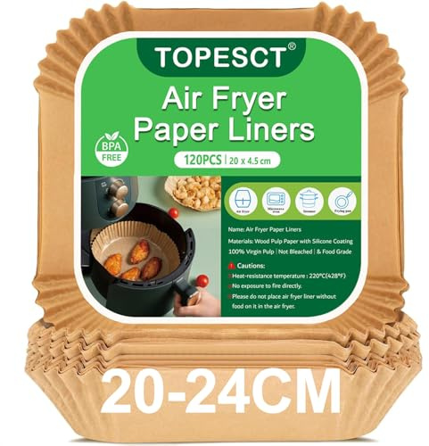 TopEsct Carta da forno per friggitrice ad aria calda, confezione da 120 pezzi, carta da forno per aria calda, impermeabile, resistente all'olio, per cesti da 4,5 – 8 l