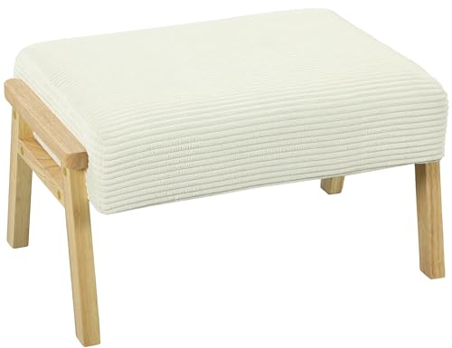 HOMCOM Sitzhocker Hocker mit weichem Sitzkissen Holzbeinen Fußhocker mit Cordoptik Polsterhocker Ottoman für Schlafzimmer, Wohnzimmer, Cremeweiß
