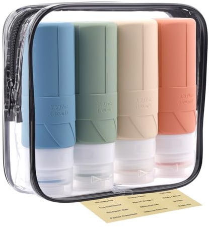 FADVAN Set Med Resebehållare För Vätskor – 4 St. Resebehållare I Silikon 100 Ml – Flaskor För Parfym, Duschschampo, Tvättmedel, Användbara Tillbehör (Morandi) | Resekit toalettprodukt, för schampo, lotion, duschgel, med etikett, återanvändbar, morandi