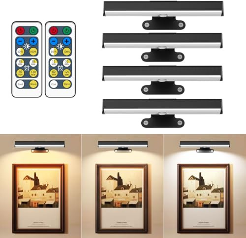 4 lámparas de pared LED con pilas para pintura, inalámbrica, regulable, marco con mando a distancia, 3 luces, luz magnética para obras de arte, retrato, decoración de pared