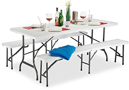 Relaxdays Bierzeltgarnitur klappba, 3er Gartenmöbel Set, uni, H x B x T: 74 x 180 x 74,5 cm, weiß