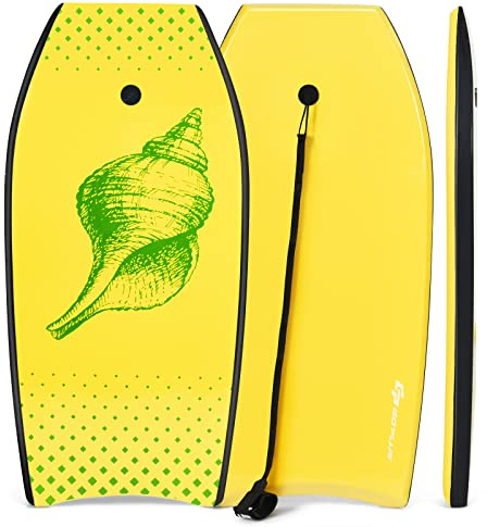 Goplus Bodyboard for Beach, 33/37/41 Inches Lightweight Body Board w/ Wrist Leash, EPS Core, XPE Deck, HDPE Slick Bottom, Surfboard for Kids Teens Adults Surfing (Yellow Conch, 41 inch)