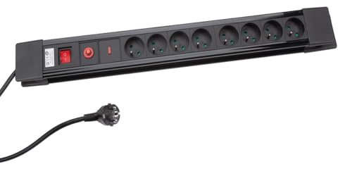 Perel Multipresa con interruttore, protezione da sovraccarico e sovratensione, 8 prese con polo di terra (tipo E), cavo 1,5 m, 3G1,5, IP20, nero