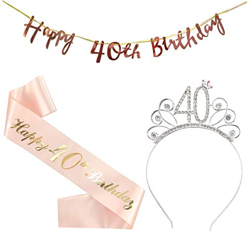 jenich 40 Compleanno Fascia Oro Rosa 40 Anni di Compleanno Donna Tiara Birthday Corona per Compleanno 40 Coroncina di Compleanno Happy Birthday Banner Decorazioni Accessori per Compleanno Ragazza
