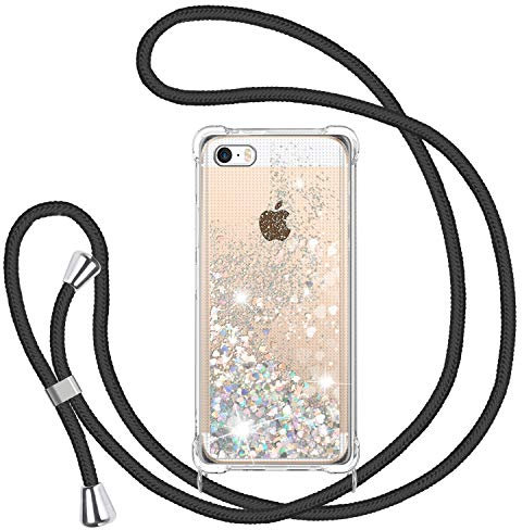 TUUT Handyband für iPhone 5/5S/SE 2016 Hülle mit Band, Glitzer Treibsand Handyhülle mit Kordel zum Umhängen Transparent Stoßfest Schutzhülle mit Kette Schnur, Quicksand Necklace Case in Schwarz