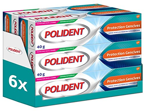POLIDENT - Protection Gencives - Crème Adhésive pour Prothèse Dentaire - Fixation Toute la Journée - Aide à Protéger les Gencives des Irritations - Améliore le Confort - Goût Neutre - 6 x 40 g
