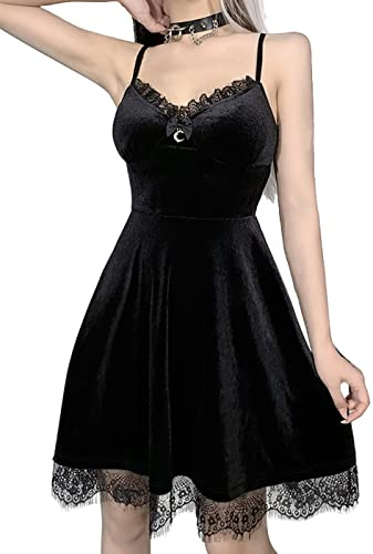 DINGJIUYAN Minivestido Gótico Sexy con Tirantes para Mujer, Tirantes de Espagueti en el Hombro, Cuello en V, Vestido Oscilante, Vestidos de Fiesta Lolita para Halloween, XL