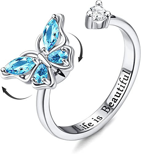 Milacolato 925 Sterling Silber Fidget Anxiety Ring für Frauen Damen Mädchen Offen Verstellbar Sonnenblumenring Zirkonia Blume Schmetterling Mond Stern Rose Spinner Ringe Schmuck Schmetterling