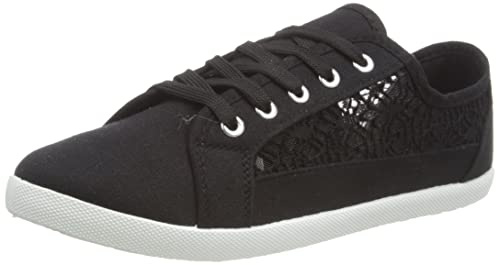 MMK Manchester® Women's Canvas Plimsolls Soft Lightweight Lace Embroidered Sneaker Shoes - Ladies Summer Beach Pumps Fashion Trainers Casual Flat Shoes (Black, UK 5)