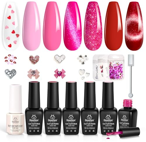 Beetles Gel Nail Polish Set- 1 Stünk Herz-Überlack und 5 Farben Gel Nagellack Glitter Rose Rot Cat Eye mit Pearl Rhinestones Lips Sequins und Magnets Nagellack Geschenk für Frauen