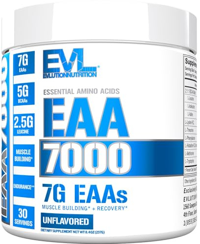 Evlution EAAs Amino Acids Powder - EAA Essential Amino Acids Pre & Post Workout Powder for Muscle Building Endurance and Recovery Support with 7g per Serving Plus 5g BCAAs (Unflavored, 30 Servings)