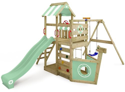 WICKEY Spielturm Klettergerüst SeaFlyer mit Schaukel & pastellgrüner Rutsche, Outdoor Kinder Kletterturm mit Sandkasten, Leiter & Spiel-Zubehör für den Garten