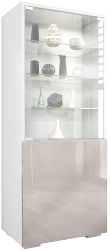 Vitrine Granada, Made in Germany, Vitrinenschrank mit Glastür und Glaseinsatz, Weiß matt/Sandgrau Hochglanz (50 x 122,5 x 34,5 cm)