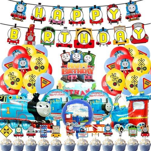 Tomaz 37Pcs Train Birthday Party Set with Banner, Latex & Aluminum Foil Balloons, Cake Decorations