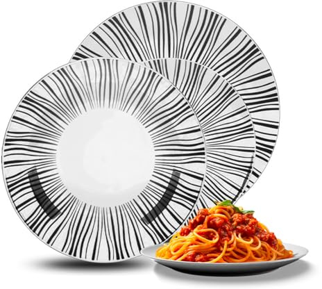 Avilia Servicio de platos de 18 piezas de porcelana con estampado negro y blanco – Ideal para cenas familiares y ocasiones especiales con platos llanos, hondos y para postres, lavables en lavavajillas