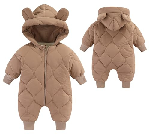 SEAUR Unisex Bebé Monos de Esquí Mameluco de Invierno Recién Nacido Peleles Grueso con Cremallera Cortavientos Ropa Polar con Capucha Marrón 12-18 Meses