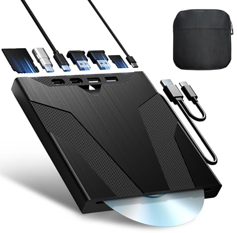 Wbacon 8-i-1 extern CD/DVD-enhet för bärbar dator, kortbelastad extern DVD-enhet, CD-brännare extern CD-enhet för bärbar dator, USB-A, USB-C, bärbar CD/DVD-skrivare för bärbar dator och stationär