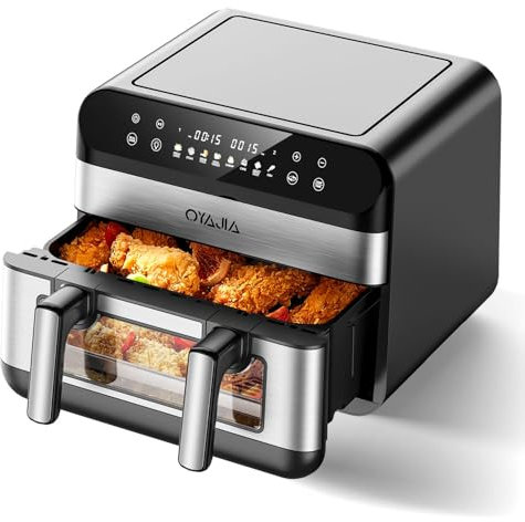 Heißluftfritteuse mit Sichtfenster 10L, Doppel Heissluftfritteuse mit 2 Kammern, XXL 8-in-1 Airfryer, Smart Touchscreenund Timer-Funktion, Gesunde Friteuse ohne Öl und fettarmes Kochen, 2400W.