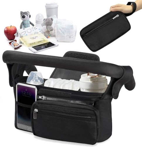 Cartlant Organizer Kinderwagen mit 2 Isoliertem Getränkehalter, Universal Kinderwagen Tasche mit Abnehmbarer Tasche und Schultergurt, Kinderwagentasche Wickeltasche Kinderwagen Zubehör Schwarz