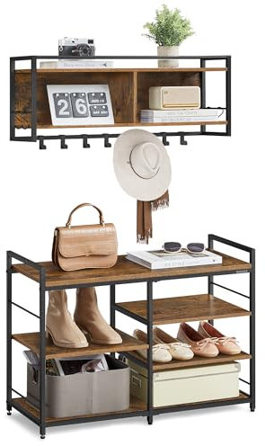 VASAGLE Hall Tree with Shoe Bench, Coat Rack Shoe Bench Set, Entryway Furniture, Multifunctional, 12 Metal Hooks, 4-Tier Shoe Rack, for Entryway, Bedroom, Rustic Brow ULSB107K01