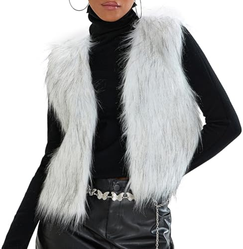 HzDazrl Gilet en fausse fourrure pour femme - Sans manches - Couleur unie - Ouverture sur le devant - Tendance - Automne - Décontracté - Gilet court, gris clair, S