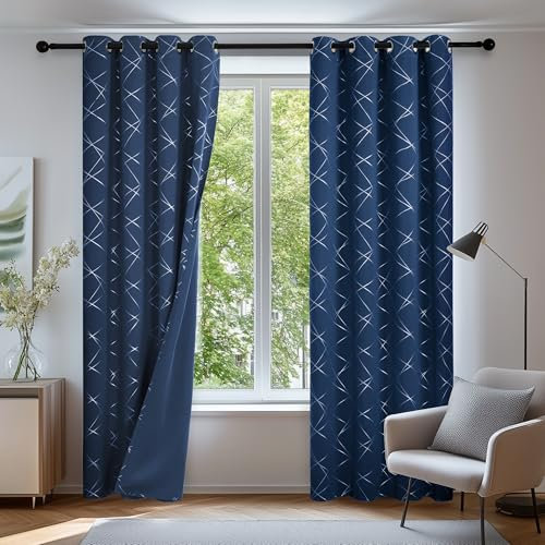 Deconovo Curtains for Living Room Thermal Insulated Silver Geometric Line Eyelet Blackout Curtains 46 x 90 Inch Navy Blue 2 Panels