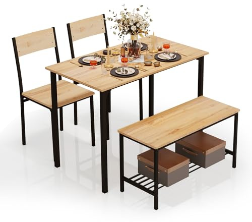PULUOMIS Dining Table and 2 Chairs with Bench, Dining Table and Chairs Set 4 Piece Dining Room Set, Chair and Bench Set for Restaurant Kitchen Home Bistro Garden, Oak