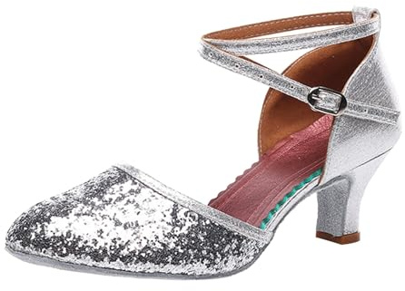 Zapatos de baile latino mujeres gran tamaño punta redonda talón cuadrado novia tobillo hebilla moda lentejuelas tacones altos para espectáculo escenario, plata, 39 EU