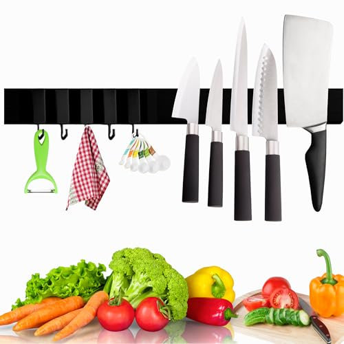 IHS Heavy Duty Kitchen Magnetic Knife Holder for Wall No Drill- Strong Stainless Steel Knife Magnetic Strip with Additional Hooks-Multipurpose Magnetic Strip for Knives, Tools & Utensils (40 CM)