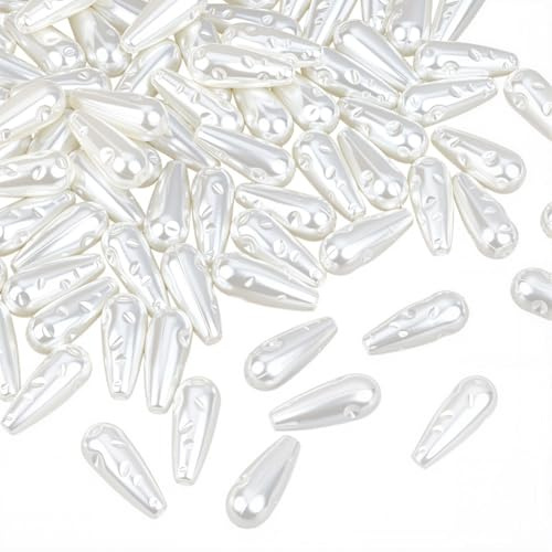 PONABEADIY 1 Box 100PCS White Teardrop Pearl Beads with Hole Imitation Pearls Summer ABS Plastic Artificial Glossy Charms Loose Bead Bulk for Jewellery Making Bracelets Necklace Earrings Diy Crafts