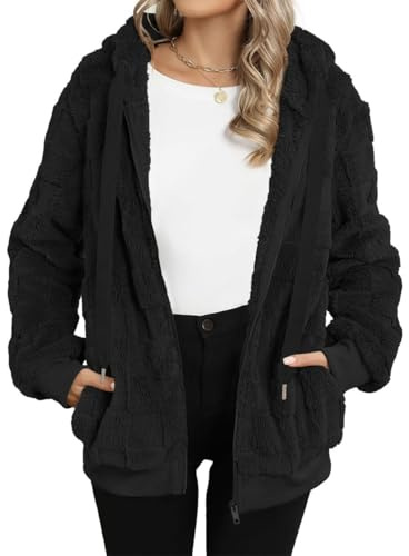 EIRUKON Veste Polaire Femme Chaud Teddy Sweat a Capuche Zippé Sherpa Sweatshirt en Peluche Hiver Manteau Polaire Blouson Décontractée Doux Ample Outwear,Noir,M