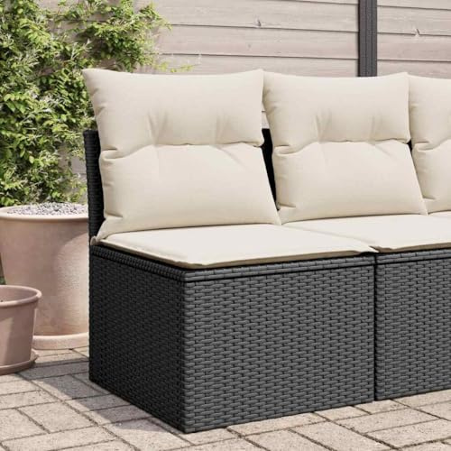 QJBSAVVA Gartensofa Schwarz 55x62x69 cm Poly Rattan Outdoor Sofa ohne Armlehnen mit abnehmbaren Cremeweißen Kissen UV-beständig & modular für Balkon Terrasse und kleine Sitzecke