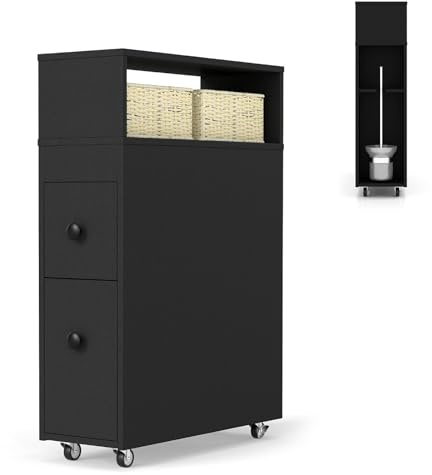 COSTWAY Slim Bathroom Floor Cabinet, Mobile Narrow Bathroom Storage Unit with 2 Slide Out Drawers, 2 Rattan Baskets, Back Toilet Brush Holder & 4 Wheels, Compact Wooden Cupboard Organiser (Black)