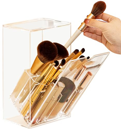 Soporte para brochas de maquillaje con tapa, organizador de brochas de maquillaje transparente, soporte con diseño de boca biselada, organizador de cosméticos a prueba de polvo, caja de almacenamient