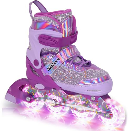 Nattork Kids Inline Skates for Girls Kids, 4 Sizes Adjustable Girls Blades Roller for Ages 3-12 with Light up Wheels & Safety Protection - Cool Birthday Gift for Indoor Outdoor Sports