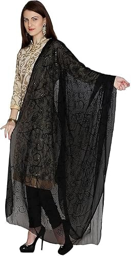 SHYAMVUN Women's Black Embroidered Chiffon Dupatta Stole