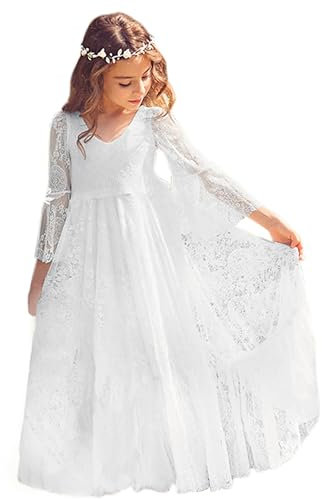 Babyonlinedress El駡nt Robe de Fille Enfant de Mariage/d'Honneur/Soir饠Princesse Noble Col V Longue en Dentelle - Ivoire - 12-13 Ans