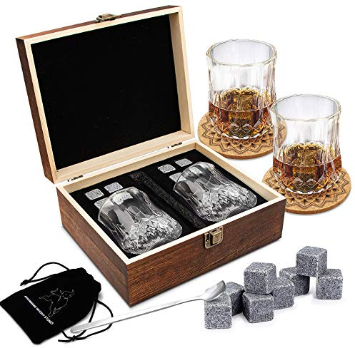 Whisky Steine Geschenkset – 8 Whisky Eiswürfel Wiederverwendbar und 2 * Whiskygläser, Whiskey Rocks Cooling Stones, Geschenk Box aus Holz, Männer und Frauen.