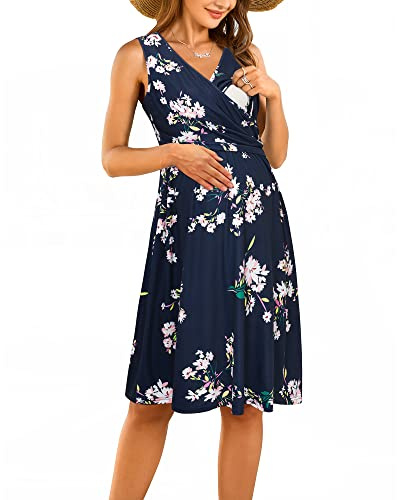 OUGES Abito Estivo Premaman da Donna Abito da Allattamento in Cotone Abiti Primaverili Casual in Gravidanza con Tasche