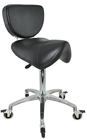 VAKON SALON - Premium Sattelhocker schwarz mit Bremse und Lehne, Sattelstuhl für Rückenentlastung, Rollhocker höhenverstellbar von 55-75 cm, Praxishocker, Bürohocker