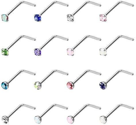 YADOCA 16Pcs 20G Acciaio Chirurgico Naso Piercing Brillantino per Donna Uomo Orecchini Naso Narice a Forma di L Naso Stud Piercing Gioielli