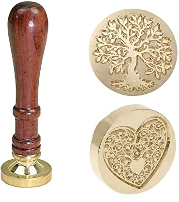 Wax Seal Stamp 2 pcs Sealing Wax Stamps with 1 Wooden Handle Brass Heads for Greeting Card, Envelope Invitation, Gift Wrapping (Tree of Life/Heart)